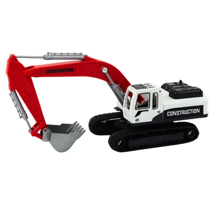Crawler Excavator White and Red Metal Bucket Rotaļlietu automašīnas