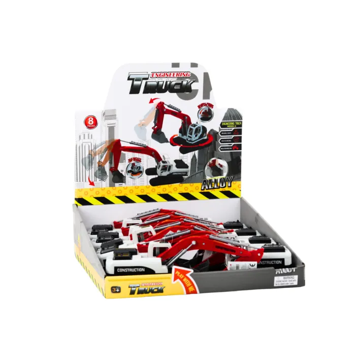 Crawler Excavator White and Red Metal Bucket Rotaļlietu automašīnas