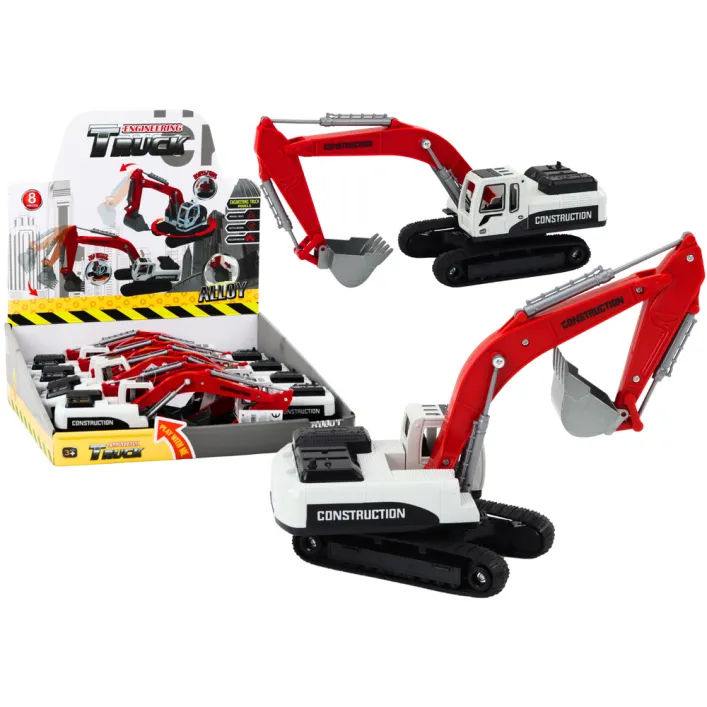 Crawler Excavator White and Red Metal Bucket Rotaļlietu automašīnas