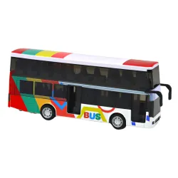 Divstāvu autobuss ar metāla zobratiem, krāsainām gaismām un skaņām