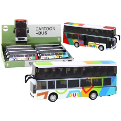 Divstāvu autobuss ar metāla zobratiem, krāsainām gaismām un skaņām