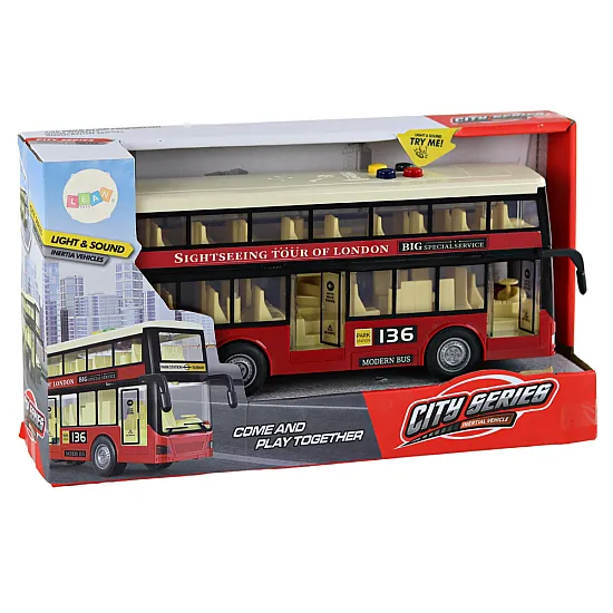 Double Decker City Bus Lights Sounds Red 1:16 Rotaļlietu automašīnas