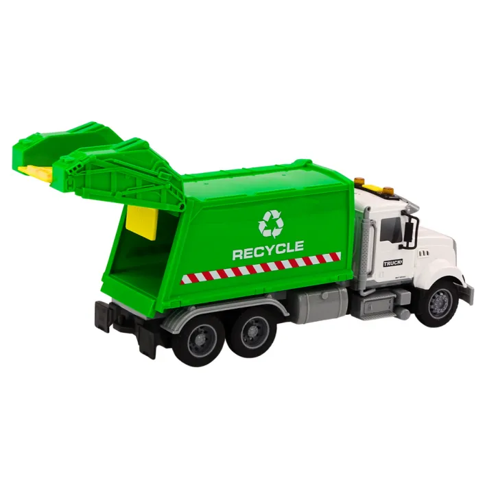 Garbage truck Garbage bins Lights Sounds Drive White and green Rotaļlietu automašīnas