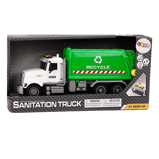 Garbage truck Garbage bins Lights Sounds Drive White and green Rotaļlietu automašīnas