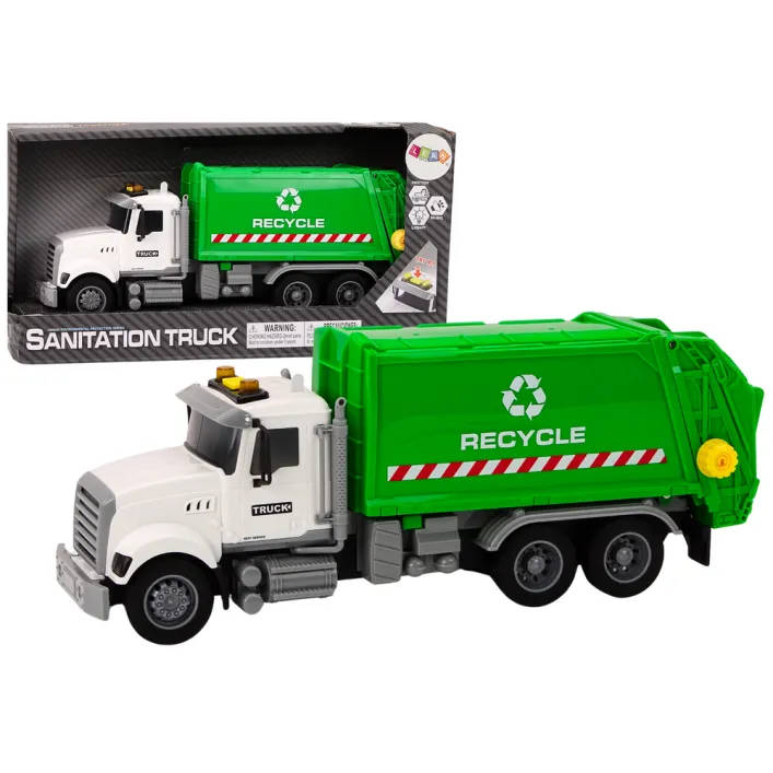 Garbage truck Garbage bins Lights Sounds Drive White and green Rotaļlietu automašīnas