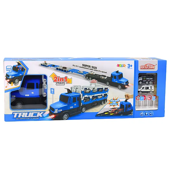 Lora Tow Truck Race Track 2in1 Lights Sounds Signs Cars Blue Samochody-zabawki