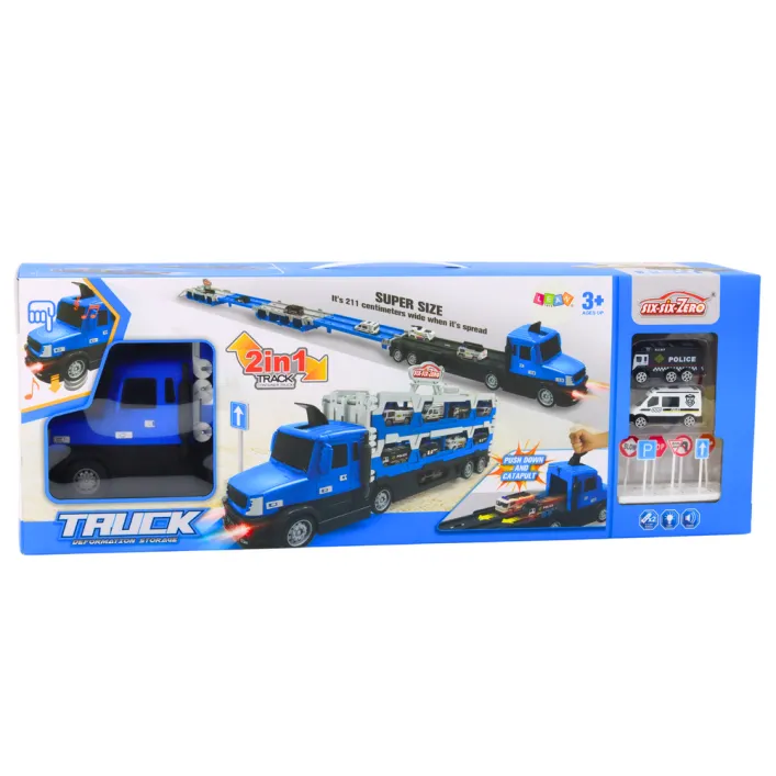Lora Tow Truck Race Track 2in1 Lights Sounds Signs Cars Blue Rotaļlietu automašīnas