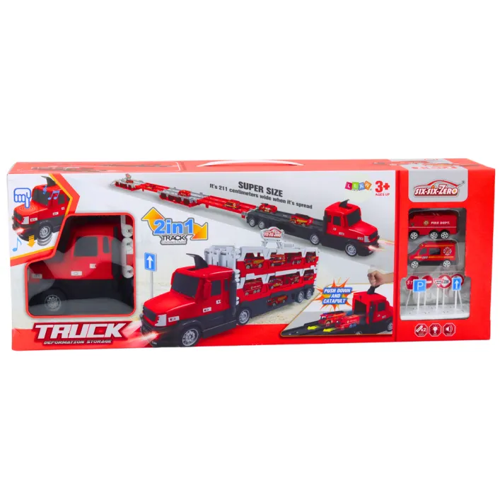 Lora Tow Truck Race Track 2in1 Lights Sounds Signs Cars Red Rotaļlietu automašīnas