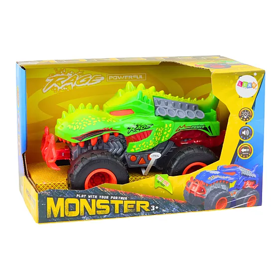 Off-Road Car Dinosaur T-Rex Lights Sounds Drive Green Rotaļlietu automašīnas