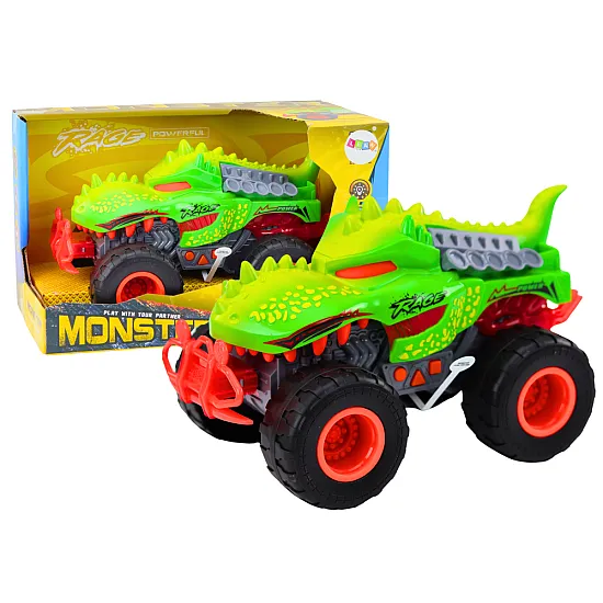 Off-Road Car Dinosaur T-Rex Lights Sounds Drive Green Rotaļlietu automašīnas