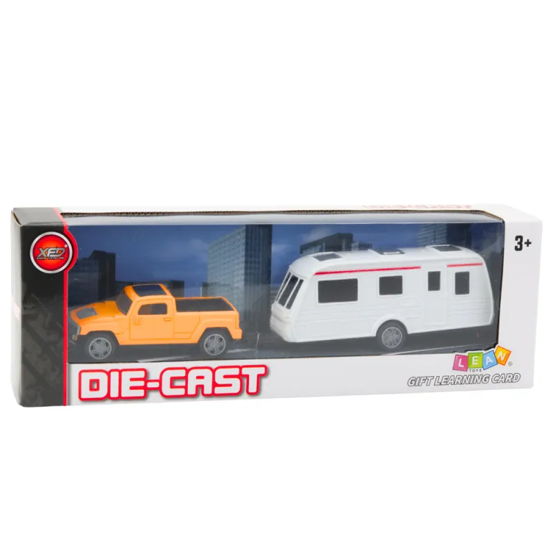 Set of Metal Car with Camper Trailer Orange Rotaļlietu automašīnas