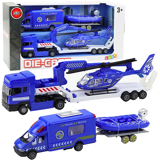 Police Rescue Car Boat Truck Helicopter Blue Set Samochody-zabawki