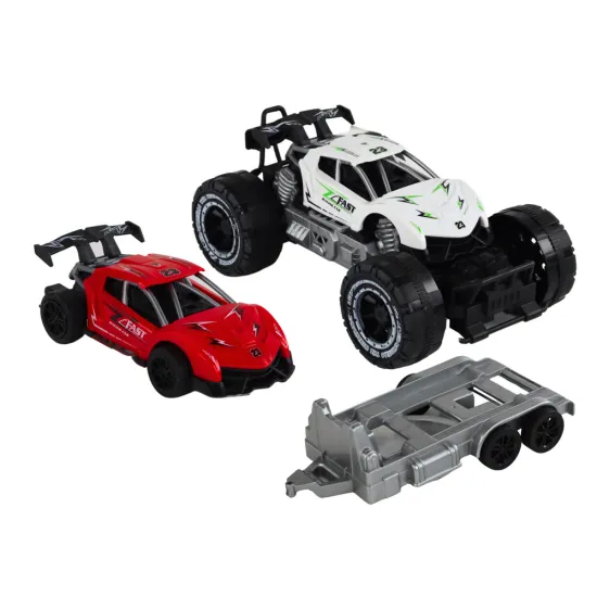 Set: White Off-Road Car, Red Sports Car, Tow Truck Rotaļlietu automašīnas