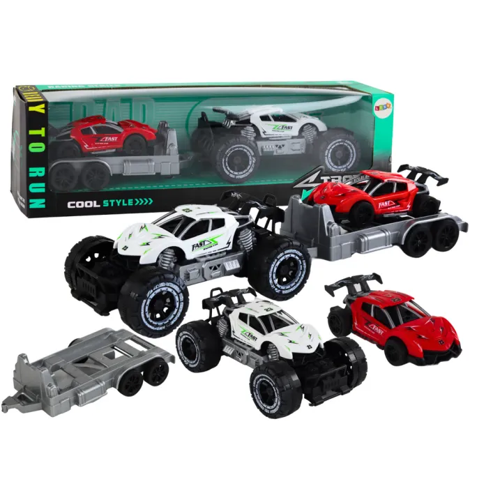 Set: White Off-Road Car, Red Sports Car, Tow Truck Rotaļlietu automašīnas