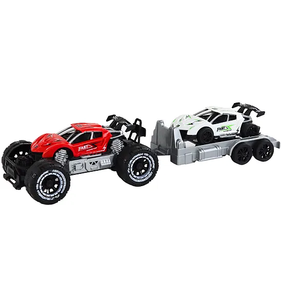 Set of Red Off-Road Car and White Sports Car Tow Truck Samochody-zabawki