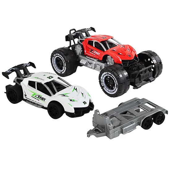 Set of Red Off-Road Car and White Sports Car Tow Truck Samochody-zabawki