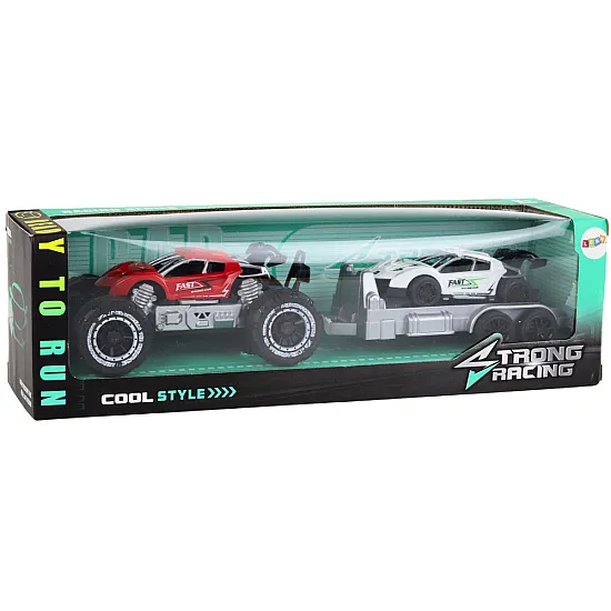 Set of Red Off-Road Car and White Sports Car Tow Truck Samochody-zabawki