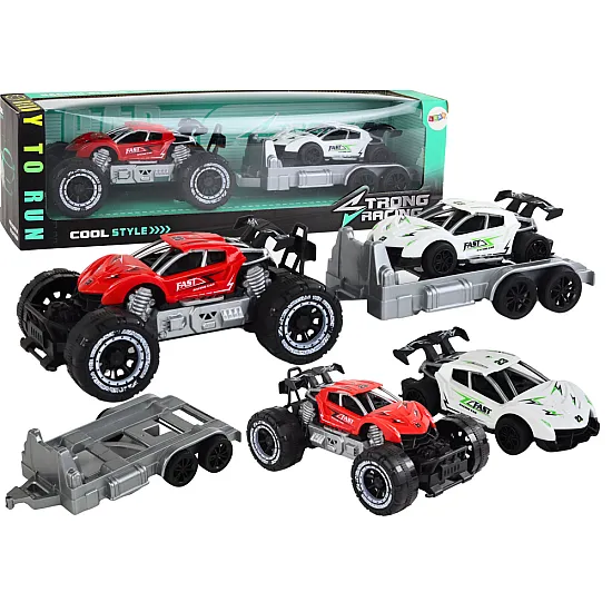Set of Red Off-Road Car and White Sports Car Tow Truck Samochody-zabawki