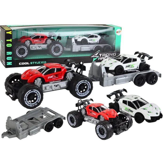 Set of Red Off-Road Car and White Sports Car Tow Truck Rotaļlietu automašīnas
