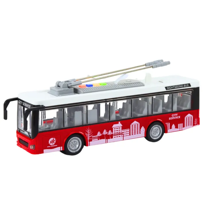Trolleybus Bus 1:16 Lights Sounds Drive White and Red Rotaļlietu automašīnas