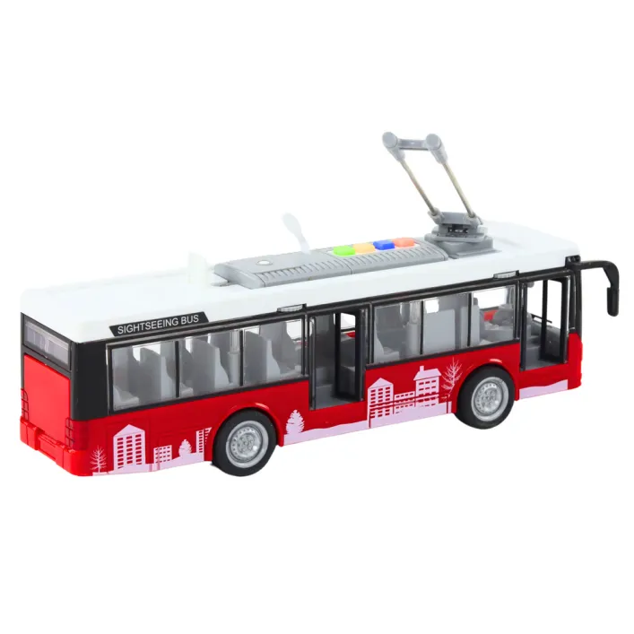 Trolleybus Bus 1:16 Lights Sounds Drive White and Red Rotaļlietu automašīnas