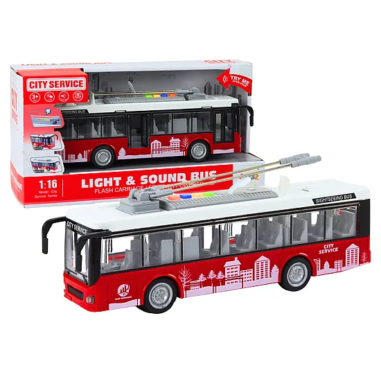 Trolleybus Bus 1:16 Lights Sounds Drive White and Red Rotaļlietu automašīnas
