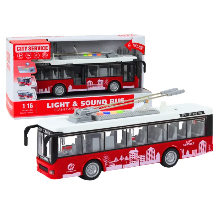Trolleybus Bus 1:16 Lights Sounds Drive White and Red Rotaļlietu automašīnas