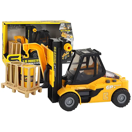 Yellow Forklift 1:16 Moving Forks Sounds Lights Rotaļlietu automašīnas