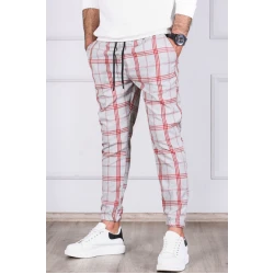 Vīriešu gaiši pelēkas bikses ar sarkanām svītrām Merlot